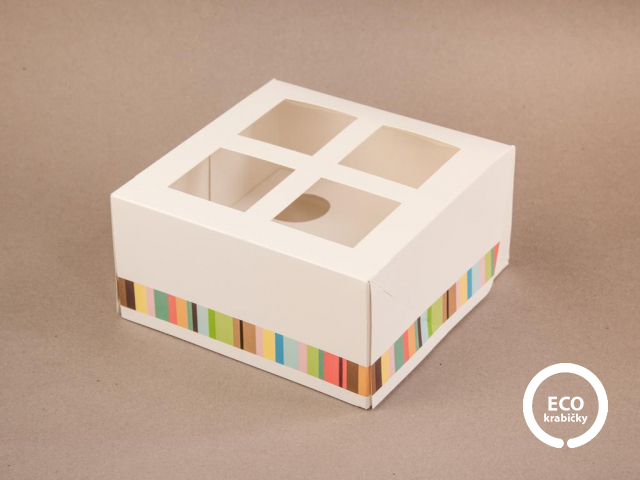 Bio papierová škatuľka na tortu farebný prúžok dole 15 x 15 x 7,5 cm