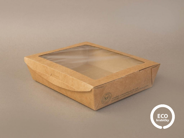 Bio papierový box na šalát + PLA okienko hnedý 1100 ml